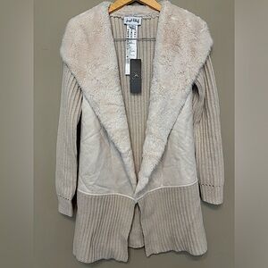 JOSEPH RIBKOFF NWT Open Knit Cardigan, Faux Fur Collar, Suede-Like